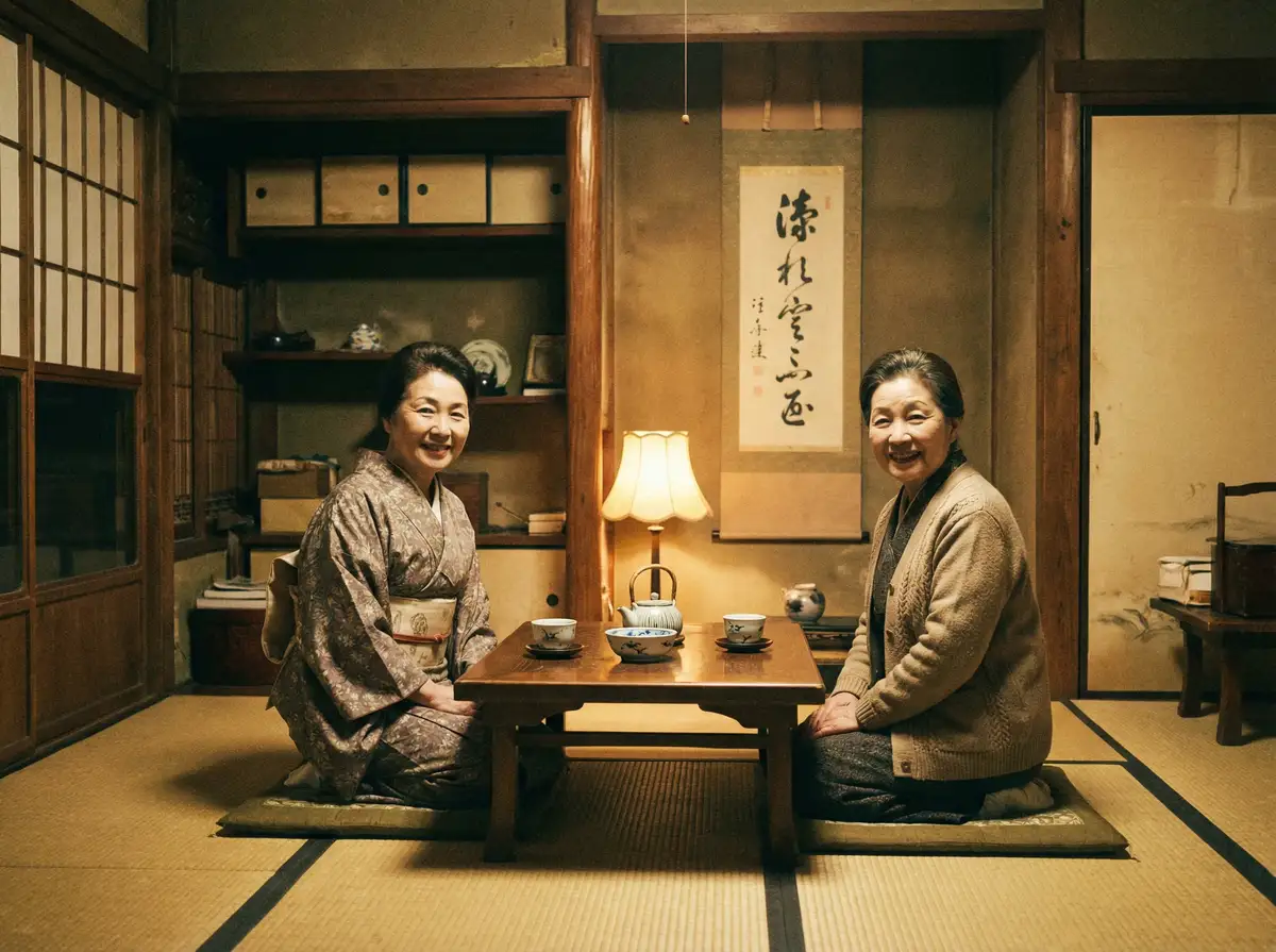 两位优雅的 M88体育 在日式茶室中品茶交谈